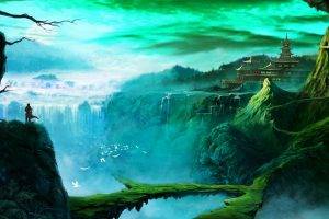 fantasy Art, Temple, Waterfall