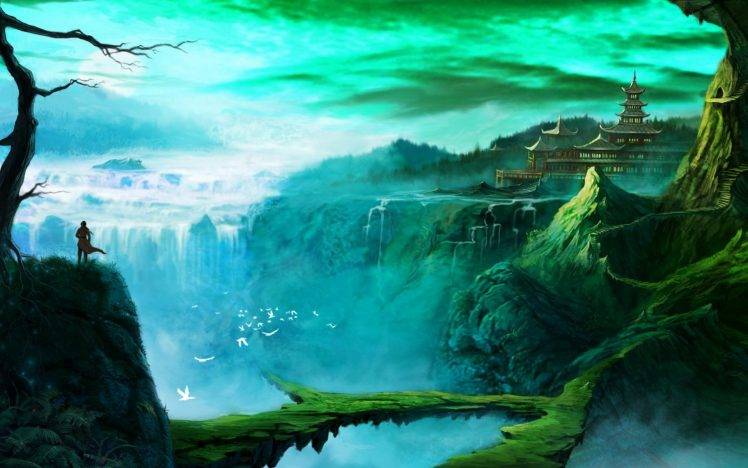 fantasy Art, Temple, Waterfall HD Wallpaper Desktop Background