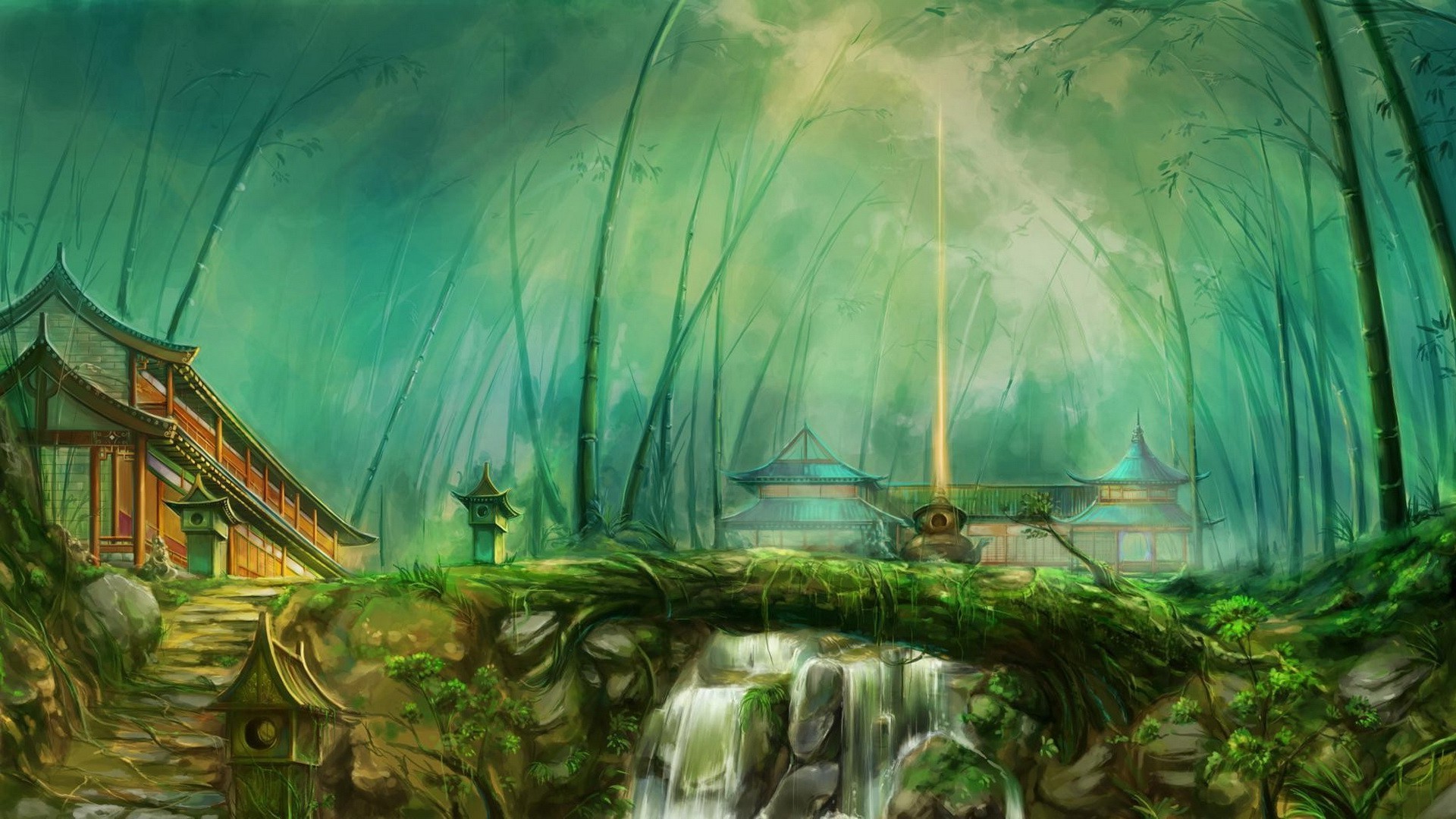 fantasy Art, Forest, Temple, River Wallpaper