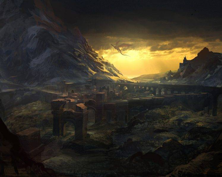 fantasy Art, Dragon, Sunset, Mountain HD Wallpaper Desktop Background