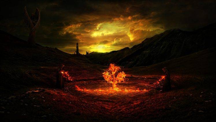 fantasy Art, Fire, Trees HD Wallpaper Desktop Background