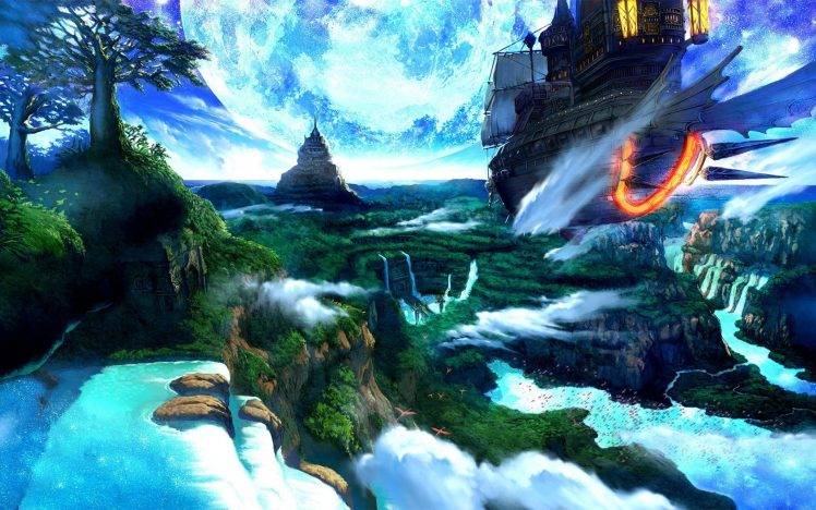 airships, Fantasy Art, Waterfall HD Wallpaper Desktop Background
