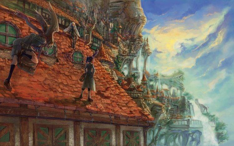 fantasy Art, Rooftops, Waterfall HD Wallpaper Desktop Background
