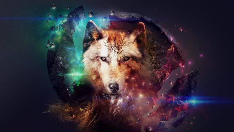 artwork, Wolf, Planet, Space, Fire, Stars, Fantasy Art, Science Fiction HD Wallpaper Desktop Background