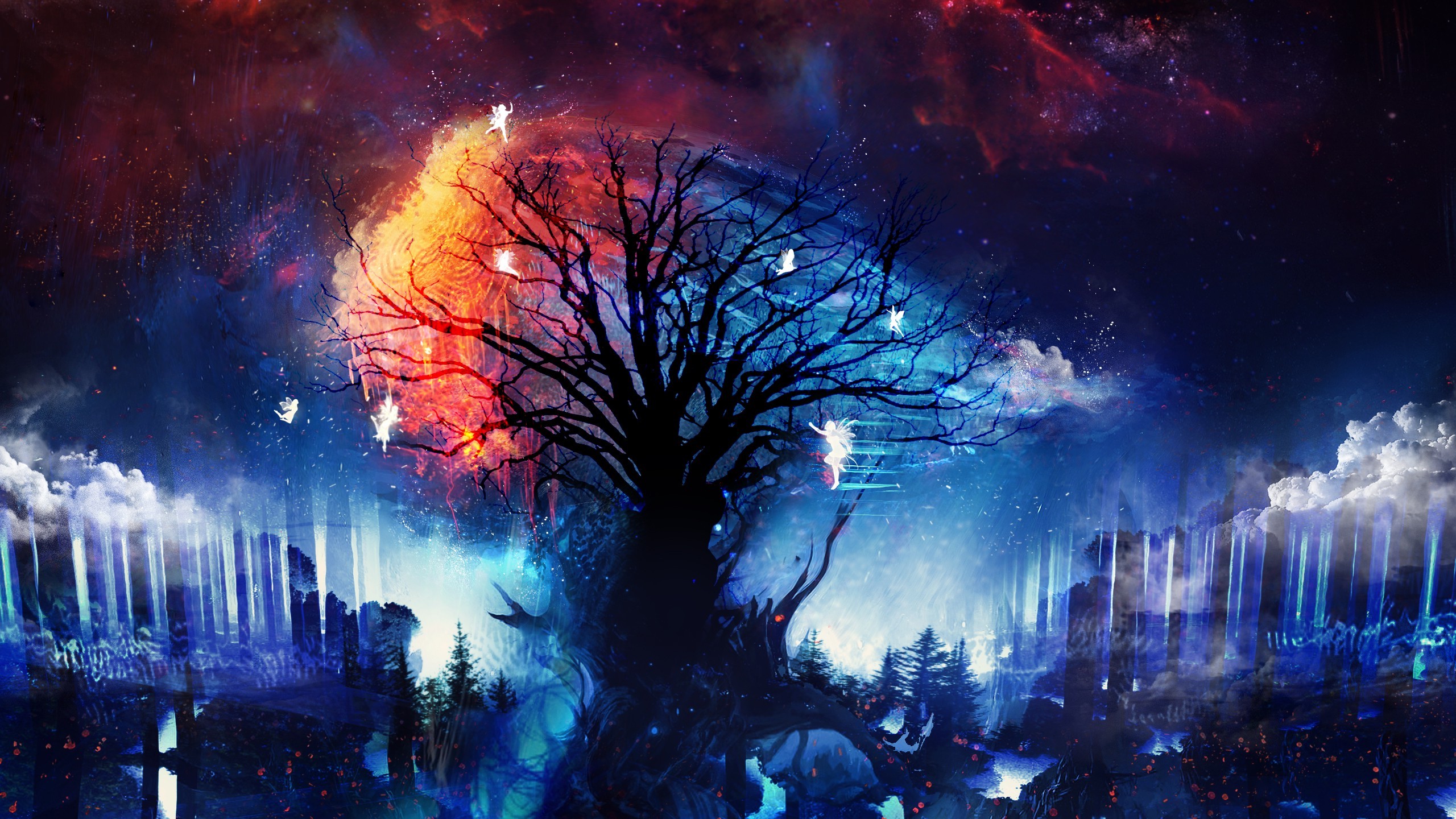 artwork, Digital Art, Fantasy Art, Trees, Fairies, Stars Wallpapers HD