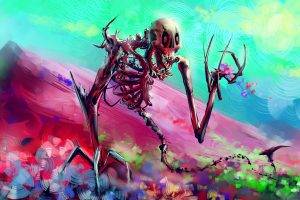 artwork, Fantasy Art, Digital Art, Skeleton, Colorful, Flowers, Mountain