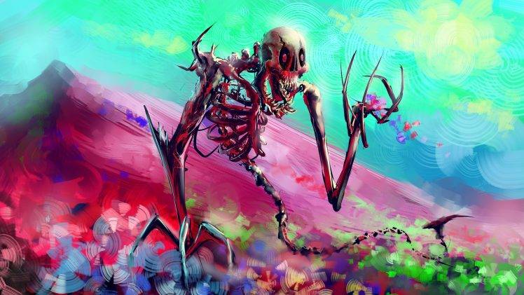 artwork, Fantasy Art, Digital Art, Skeleton, Colorful, Flowers, Mountain HD Wallpaper Desktop Background