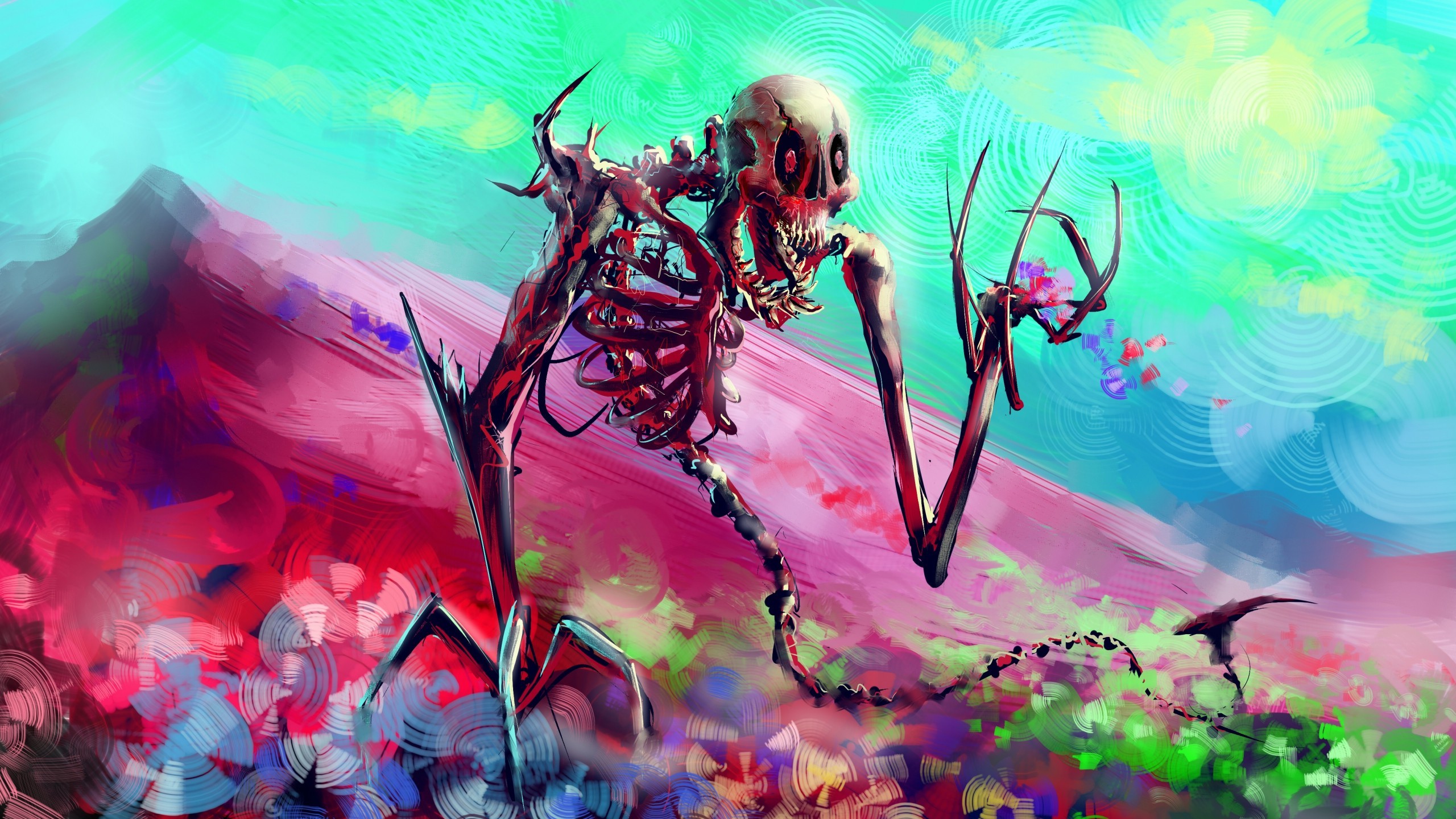 artwork, Fantasy Art, Digital Art, Skeleton, Colorful, Flowers, Mountain Wallpaper