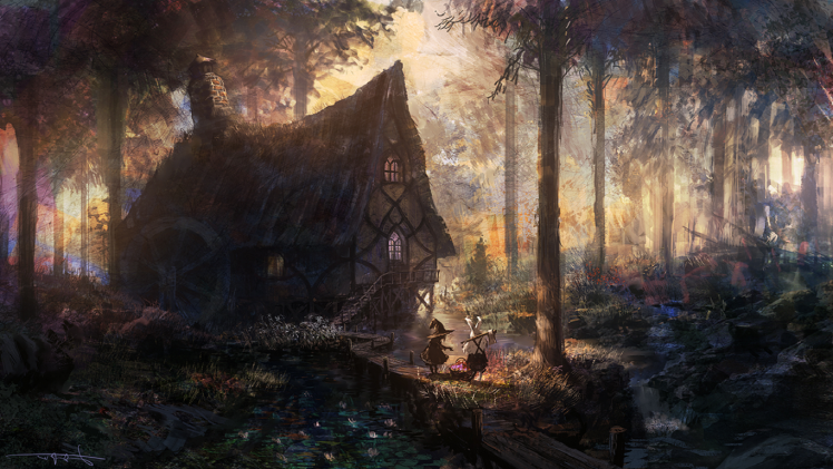 house, Forest, River, Trees, Artwork, Fantasy Art, Cabin HD Wallpaper Desktop Background