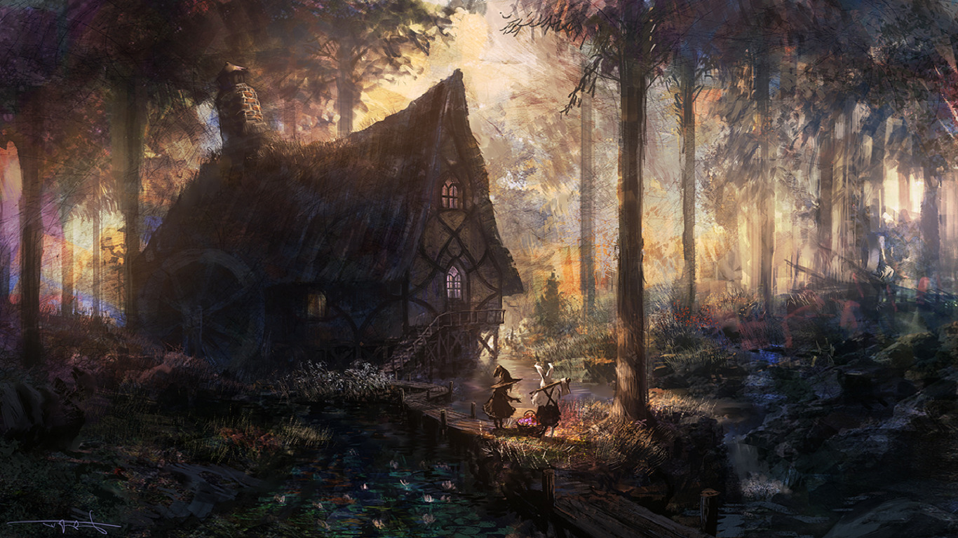 House Forest River Trees Artwork Fantasy Art Cabin