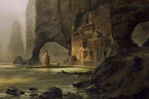 digital Art, Fantasy Art, Cliff, Rock, Old Building, Warrior, Sea, Mist