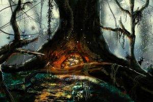 digital Art, Fantasy Art, Trees, Branch, Lianas, Water, Mushroom