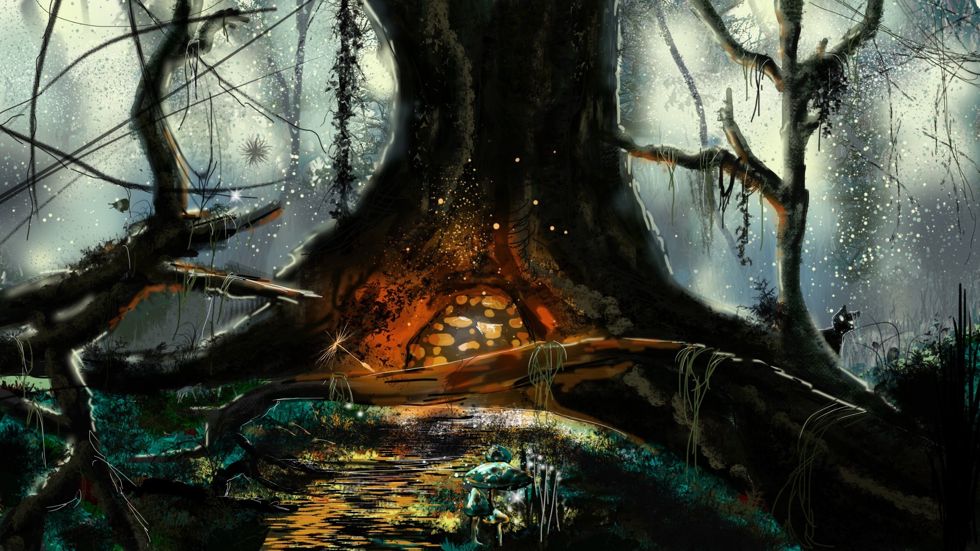digital Art, Fantasy Art, Trees, Branch, Lianas, Water, Mushroom Wallpaper