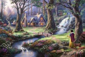 fantasy Art, Fairies, Thomas Kinkade, Painting, Trees, Flowers, Stream, House, Waterfall, Bridge, Lights, Castle, Forest, Animals, Deer, Path, Rabbits, Sun Rays, Artwork, Snow White