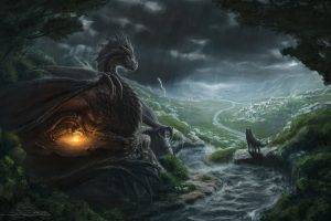 fantasy Art, Dragon, Wolf, River
