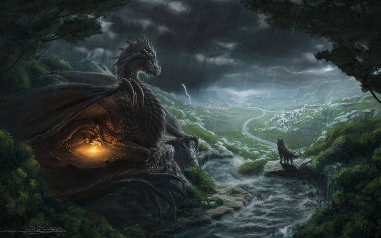 fantasy Art, Dragon, Wolf, River HD Wallpaper Desktop Background