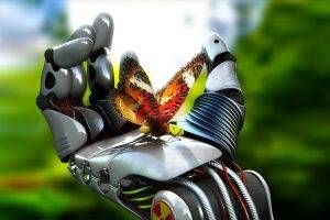 digital Art, Fantasy Art, Robot, Hand, Butterfly, 3D