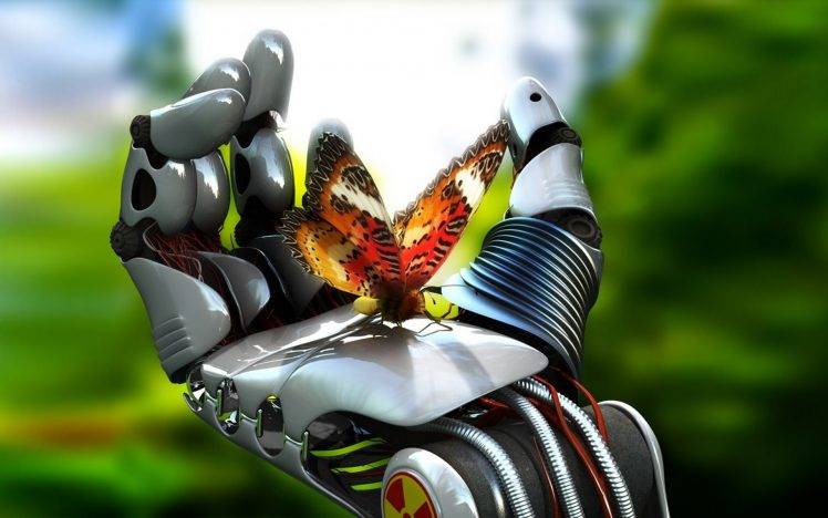 digital Art, Fantasy Art, Robot, Hand, Butterfly, 3D HD Wallpaper Desktop Background