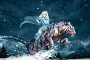 fantasy Art, Tiger, Women, Snow