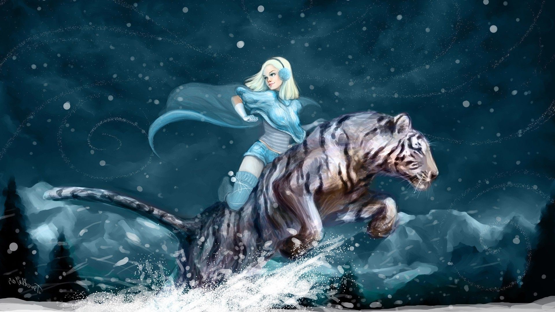 fantasy Art, Tiger, Women, Snow Wallpaper