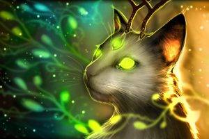fantasy Art, Romantically Apocalyptic, Cat, Antlers, Glowing, Green Eyes