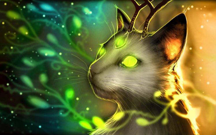 fantasy Art, Romantically Apocalyptic, Cat, Antlers, Glowing, Green Eyes HD Wallpaper Desktop Background