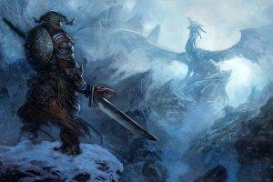 The Elder Scrolls V: Skyrim, The Elder Scrolls, Fantasy Art, Dragon, Artwork, Sword