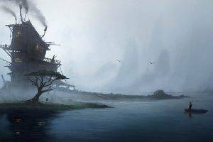 digital Art, Fantasy Art, Water, House, Trees, Smoke, Mist, Lights, Men, Boat, Birds, Rock, Reflection