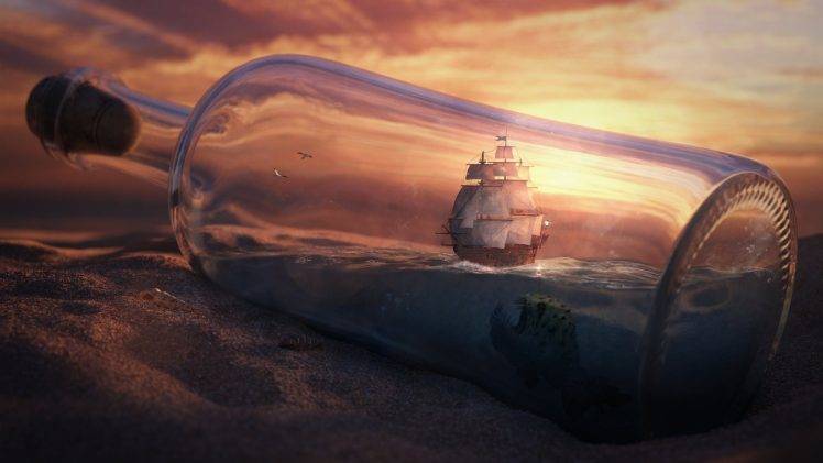 ship, Sailing Ship, Bottles, Fantasy Art, Digital Art, Ship In A Bottle HD Wallpaper Desktop Background