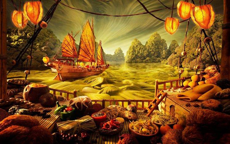 digital Art, Fantasy Art, Food, Trees, Wood, Vegetables, Fruit, Clouds, Leaves HD Wallpaper Desktop Background