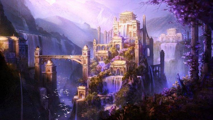 Shangri La, Fantasy Art, Castle, City, Mountain, Artwork, Waterfall HD Wallpaper Desktop Background