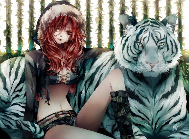 anime, Animals, Tiger, Redhead, Original Characters HD Wallpaper Desktop Background