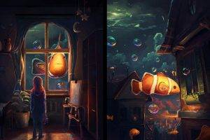fantasy Art, Artwork, Clownfish, Fish, Window, Bubbles, Night, Sylar