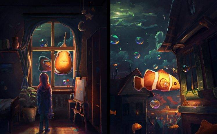 fantasy Art, Artwork, Clownfish, Fish, Window, Bubbles, Night, Sylar HD Wallpaper Desktop Background
