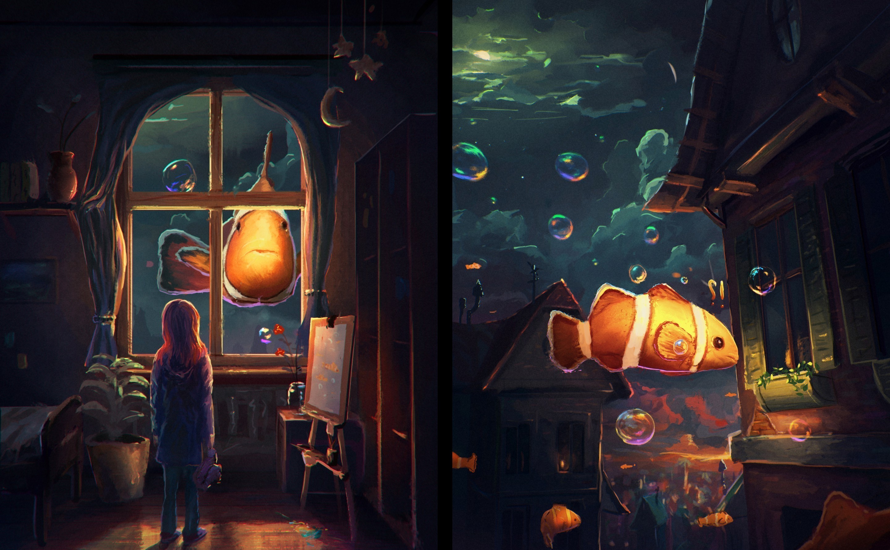 fantasy Art, Artwork, Clownfish, Fish, Window, Bubbles, Night, Sylar Wallpaper