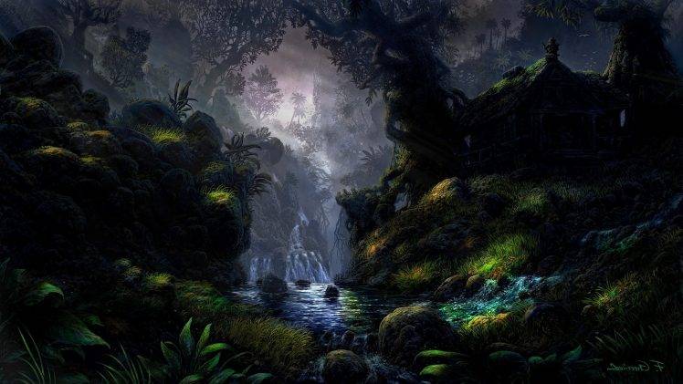 river, Grass, Trees, Rock, DeviantArt, Fantasy Art HD Wallpaper Desktop Background