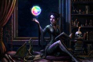 women, Digital Art, Fantasy Art, Painting, Dragon, Books, Skull, Candles, Pillow, Window, Night, Stars, Magic, Witch, Colorful, Moon, Curtains