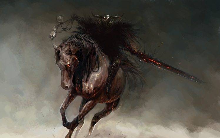 fantasy Art, Horse, Sword, Skull, Warlocks, Red Eyes, Horseman, War HD Wallpaper Desktop Background