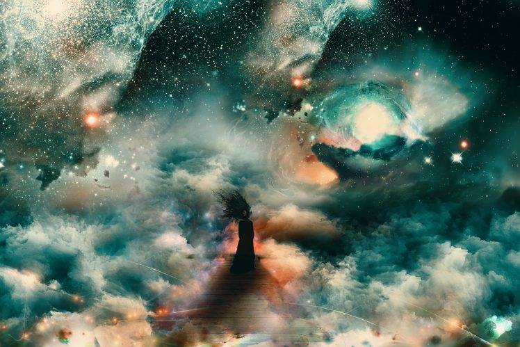 galaxy, Clouds, Women, Bridge, Fantasy Art, Sadness, Space Art HD Wallpaper Desktop Background