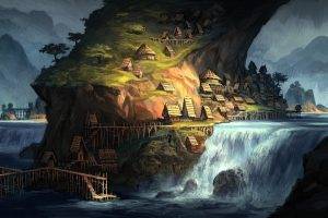 artwork, Fantasy Art, Village, Villages, House, Waterfall, River, Water, Hill