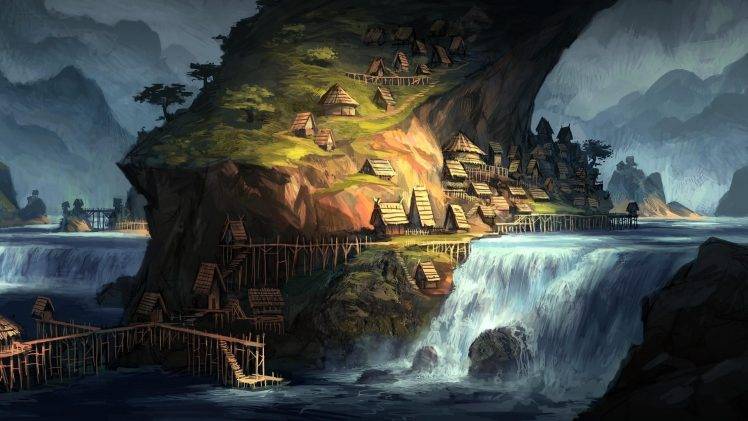 artwork, Fantasy Art, Village, Villages, House, Waterfall, River, Water, Hill HD Wallpaper Desktop Background