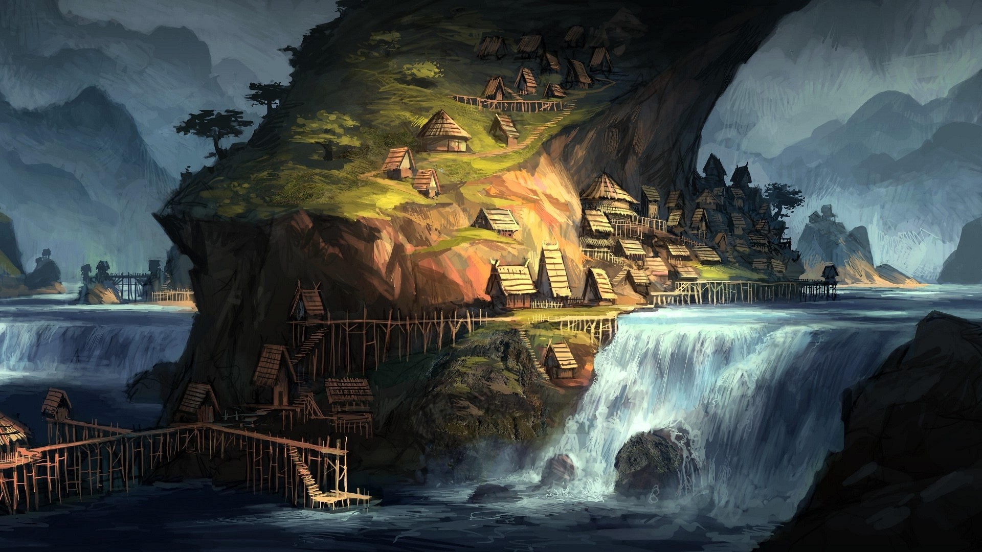 artwork, Fantasy Art, Village, Villages, House, Waterfall, River, Water, Hill Wallpaper