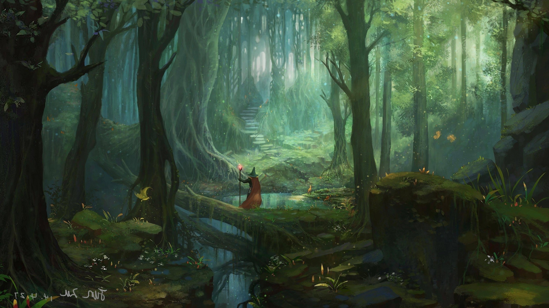 fantasy Art, Forest, Trees, Wizard, Stairs Wallpaper