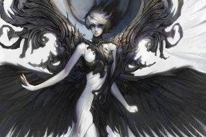 fantasy Art, Women, Black, White, Wings