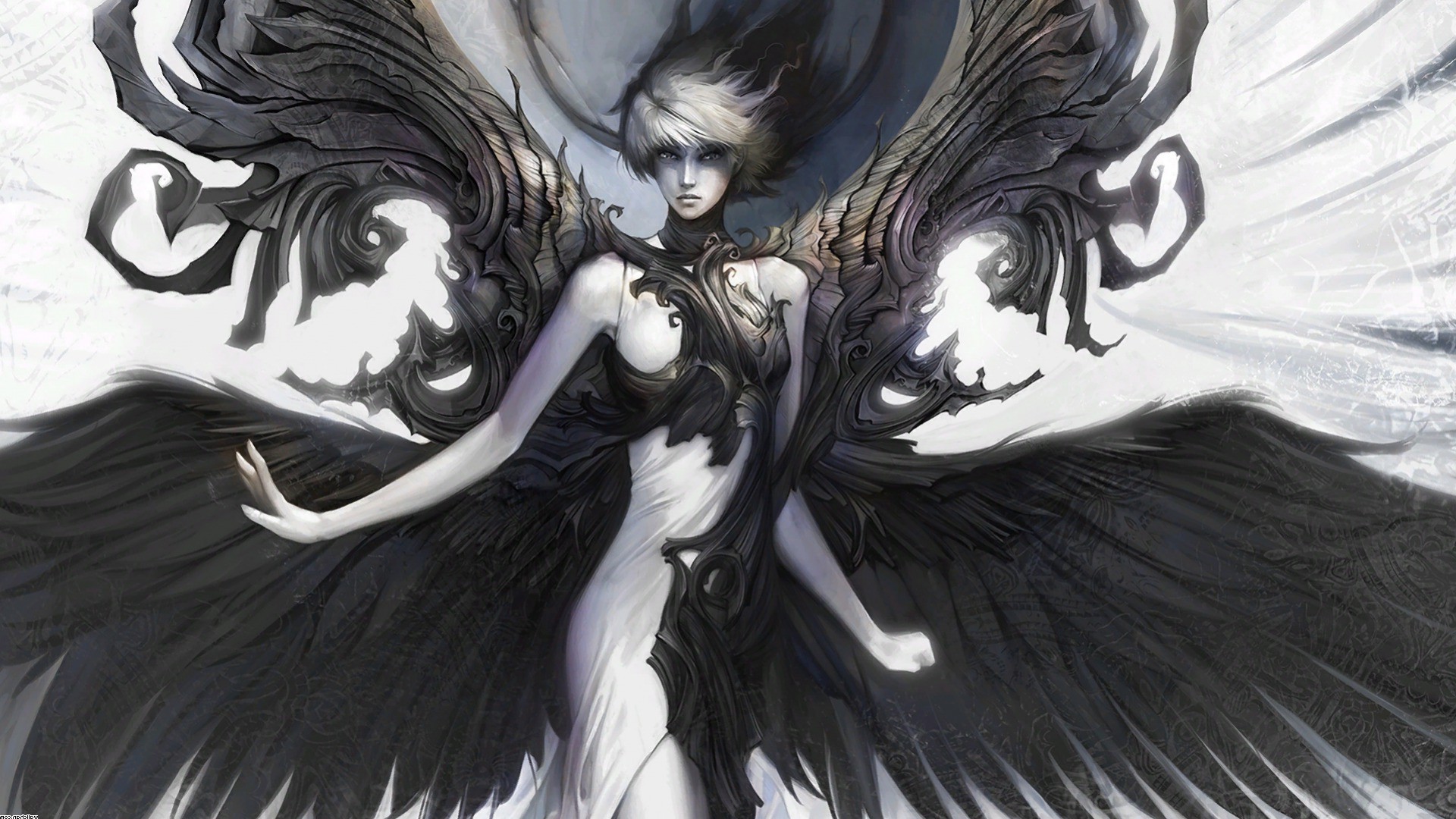 fantasy Art, Women, Black, White, Wings Wallpaper