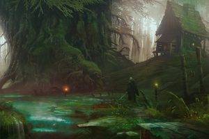 artwork, Fantasy Art, Trees, Forest, House, River, Sword, Nature