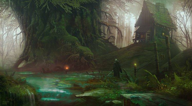 artwork, Fantasy Art, Trees, Forest, House, River, Sword, Nature HD Wallpaper Desktop Background