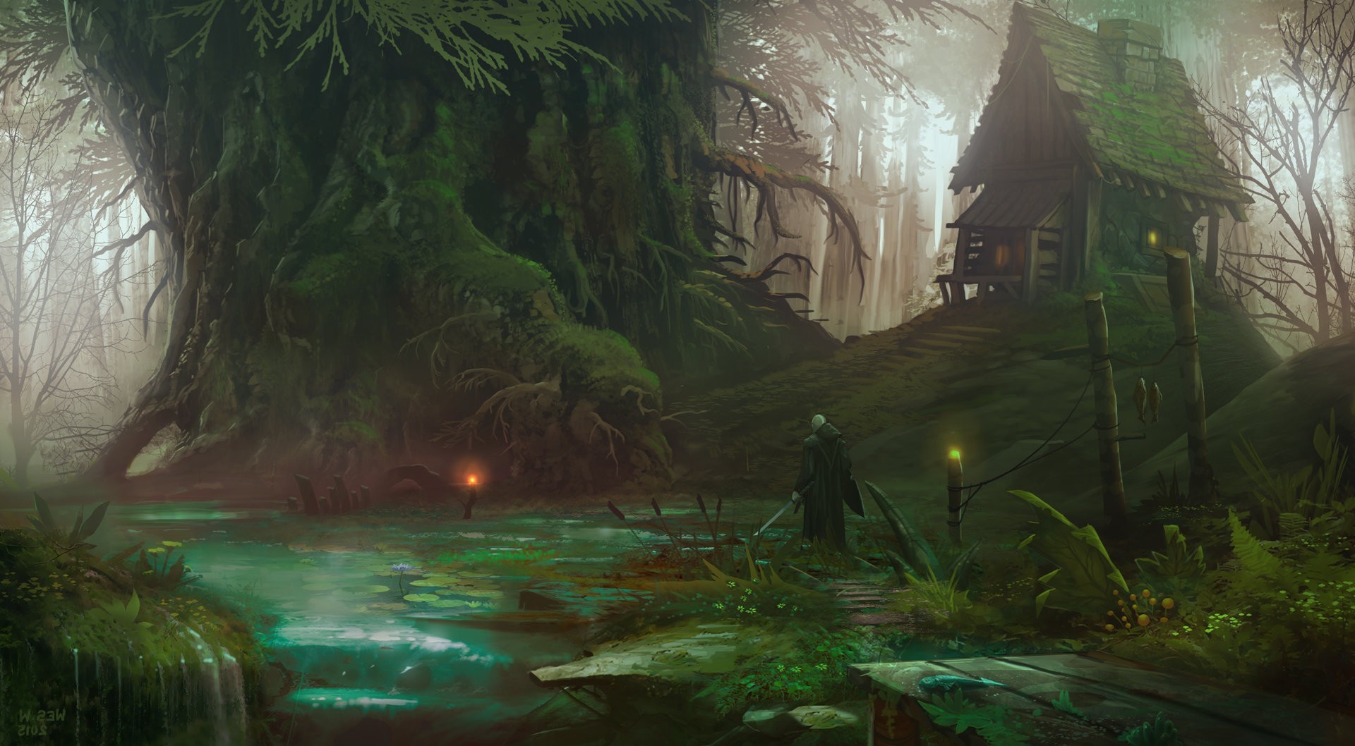 artwork, Fantasy Art, Trees, Forest, House, River, Sword, Nature Wallpaper