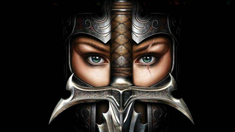 women, Soldier, Armor, Sword, Face, Eyes, Fantasy Art, Scars, Black Background HD Wallpaper Desktop Background
