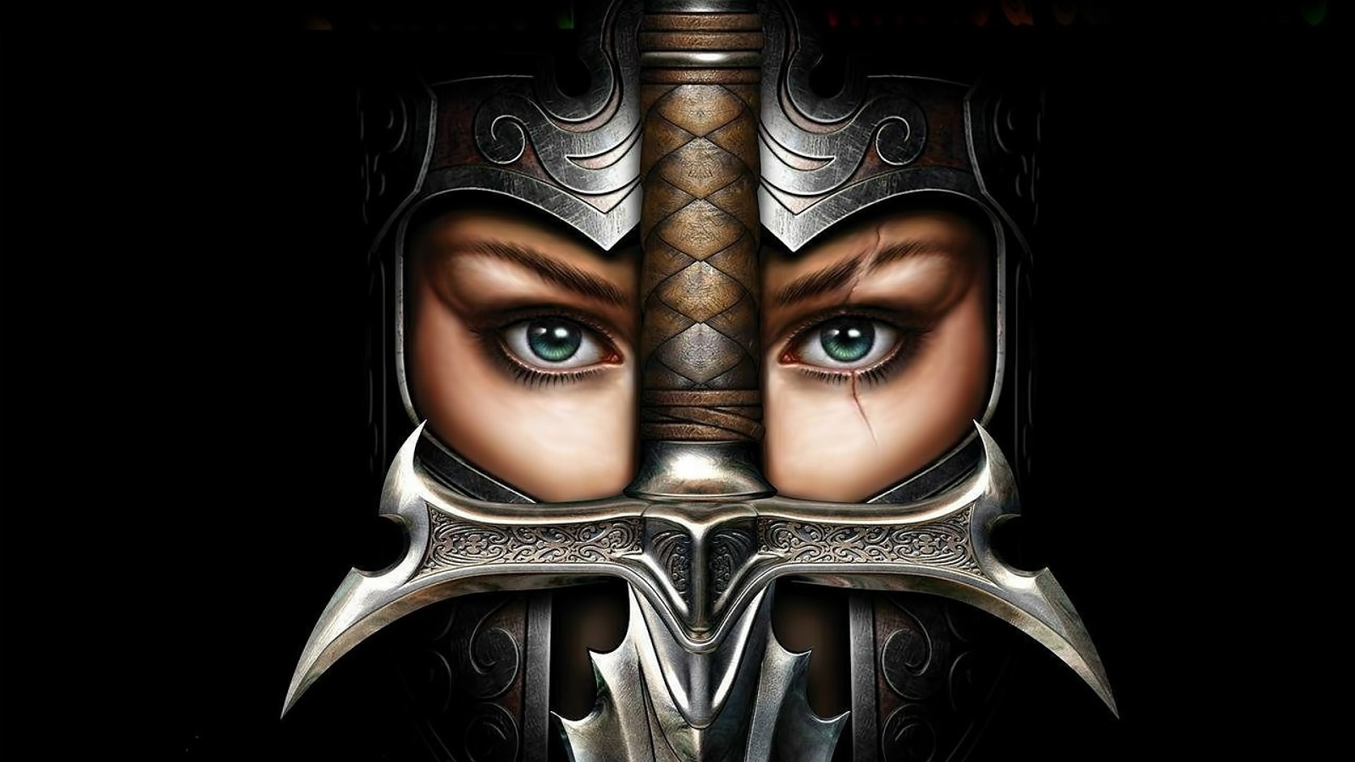 women, Soldier, Armor, Sword, Face, Eyes, Fantasy Art, Scars, Black Background Wallpaper